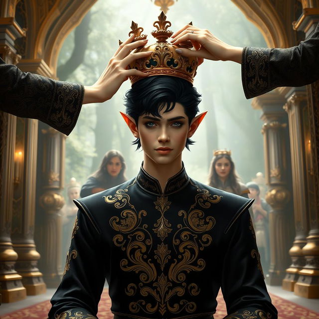 A young male elf in his mid-twenties with wavy black hair and sultry, kohl-rimmed eyes is kneeling in a lavish forest palace, undergoing a crowning ceremony