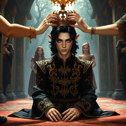 A young male elf in his mid-twenties with wavy black hair and sultry, kohl-rimmed eyes is kneeling in a lavish forest palace, undergoing a crowning ceremony