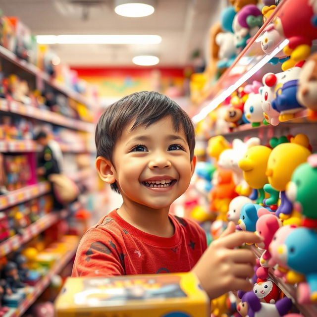 A lively scene in a toy store featuring a child excitedly choosing a toy from a colorful display