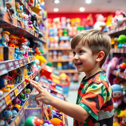 A lively scene in a toy store featuring a child excitedly choosing a toy from a colorful display