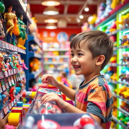 A lively scene in a toy store featuring a child excitedly choosing a toy from a colorful display