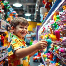 A lively scene in a toy store featuring a child excitedly choosing a toy from a colorful display