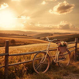 A beautiful vintage-style photograph capturing a serene landscape at sunset, featuring rolling hills and a field of wildflowers in soft pastel colors