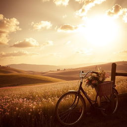 A beautiful vintage-style photograph capturing a serene landscape at sunset, featuring rolling hills and a field of wildflowers in soft pastel colors
