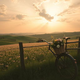 A beautiful vintage-style photograph capturing a serene landscape at sunset, featuring rolling hills and a field of wildflowers in soft pastel colors