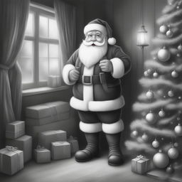 A black and white graphite pencil drawing in a cute Disney-style, featuring Santa Claus standing next to a beautifully decorated Christmas tree in a cozy, inviting home