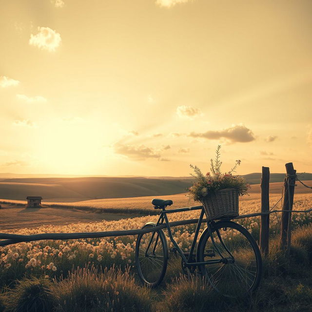 A beautiful vintage-style photograph capturing a serene landscape at sunset, featuring rolling hills and a field of wildflowers in soft pastel colors