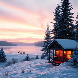 A tranquil and picturesque winter scene featuring a snow-covered landscape with gently falling snowflakes