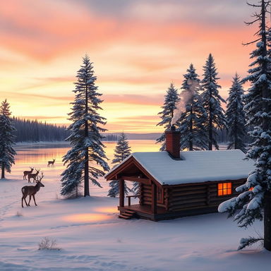 A tranquil and picturesque winter scene featuring a snow-covered landscape with gently falling snowflakes