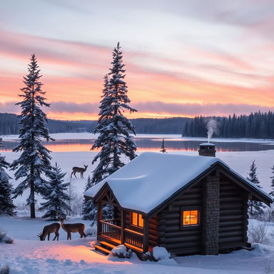 A tranquil and picturesque winter scene featuring a snow-covered landscape with gently falling snowflakes