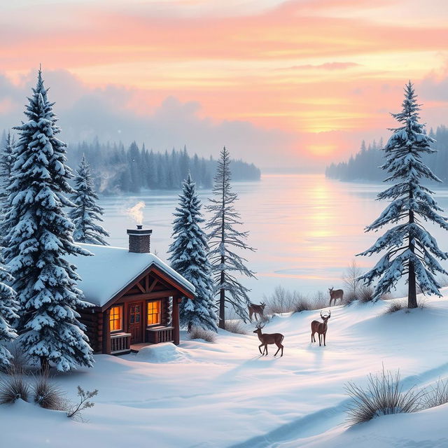 A tranquil and picturesque winter scene featuring a snow-covered landscape with gently falling snowflakes