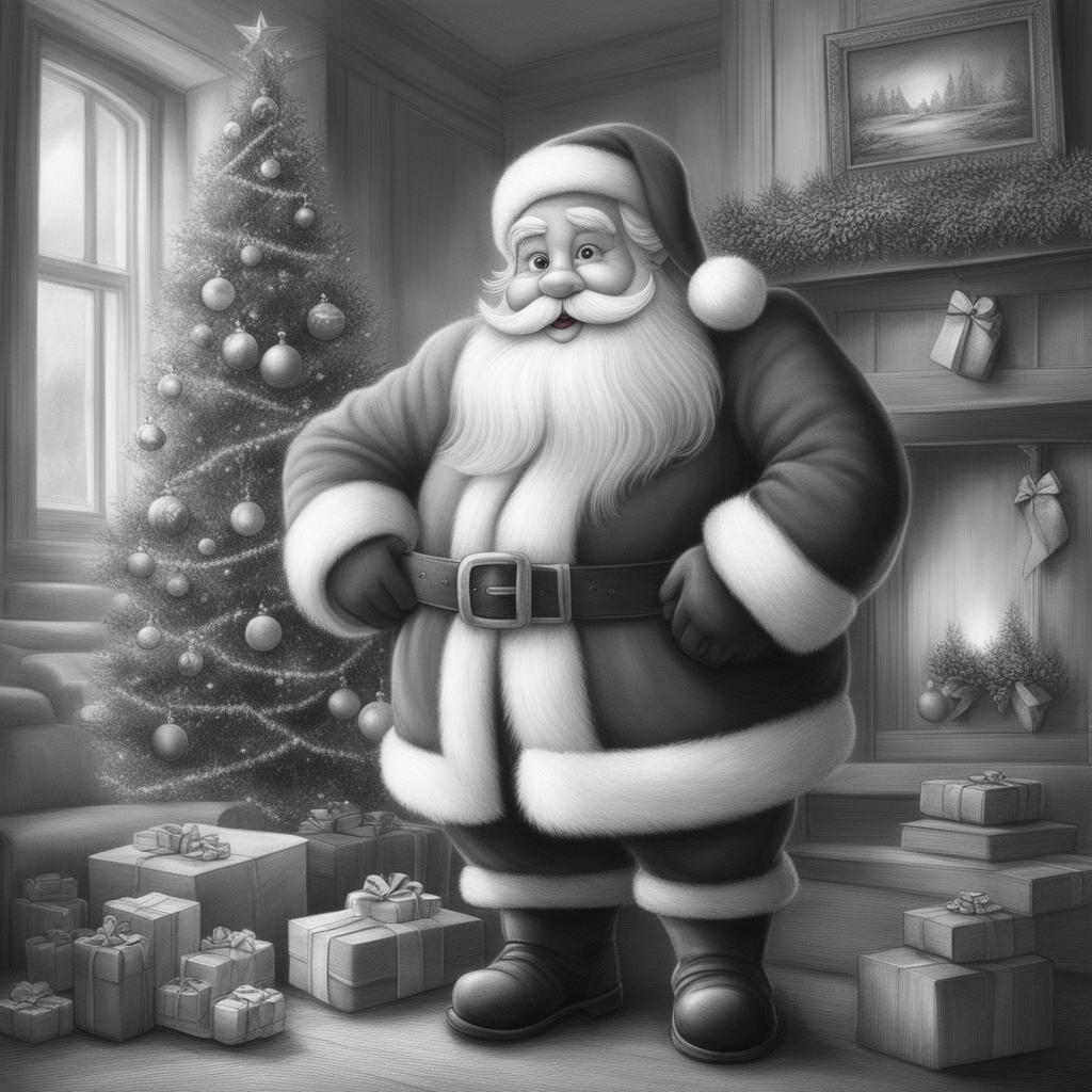 A black and white graphite pencil drawing in a cute Disney-style, featuring Santa Claus standing next to a beautifully decorated Christmas tree in a cozy, inviting home