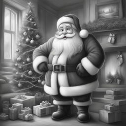 A black and white graphite pencil drawing in a cute Disney-style, featuring Santa Claus standing next to a beautifully decorated Christmas tree in a cozy, inviting home