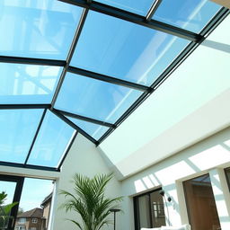 A modern architectural design showcasing a stunning toughened glass roof, providing an open and airy feel to an indoor space
