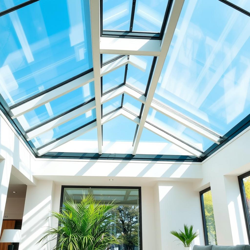 A modern architectural design showcasing a stunning toughened glass roof, providing an open and airy feel to an indoor space