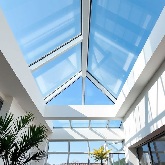 A modern architectural design showcasing a stunning toughened glass roof, providing an open and airy feel to an indoor space