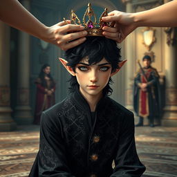 A young male elf in the midst of being crowned