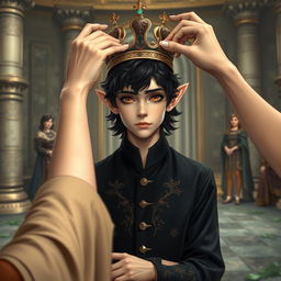 A young male elf in the midst of being crowned