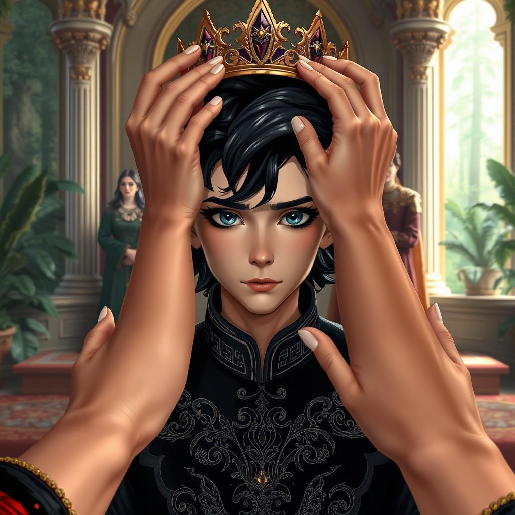 A young male elf in the midst of being crowned