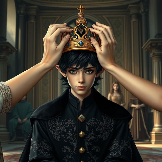 A young male elf in the midst of being crowned