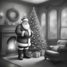 A black and white graphite pencil drawing in a cute Disney-style, featuring Santa Claus standing next to a beautifully decorated Christmas tree in a cozy, inviting home