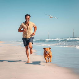 A dynamic scene of a man running along a sandy beach, joyfully accompanied by a playful dog of medium size
