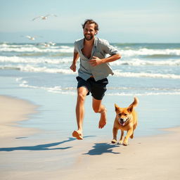 A dynamic scene of a man running along a sandy beach, joyfully accompanied by a playful dog of medium size