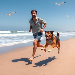 A dynamic scene of a man running along a sandy beach, joyfully accompanied by a playful dog of medium size