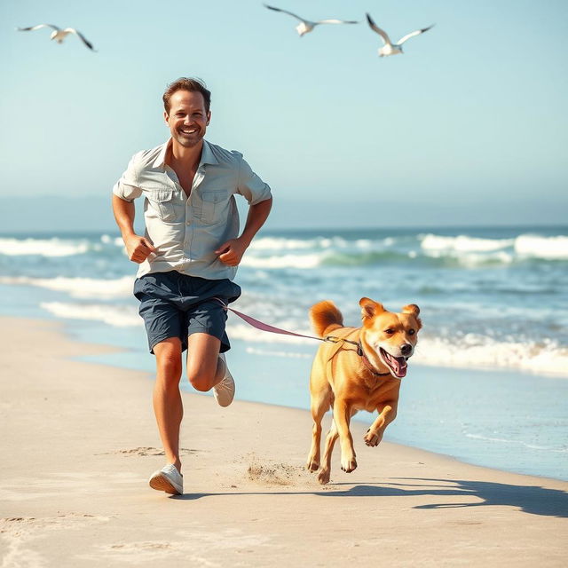 A dynamic scene of a man running along a sandy beach, joyfully accompanied by a playful dog of medium size