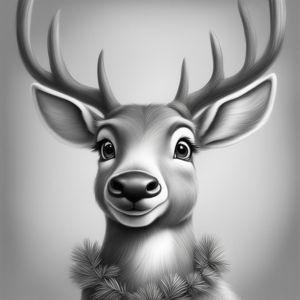 A charming black and white graphite pencil drawing in the style of Disney cartoons, featuring an adorable Christmas reindeer