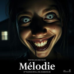 A horror movie poster titled 'Mélodie', featuring a large close-up angle of a dead young Malagasy girl's face, with a narcissistic smile that appears both eerie and unsettling