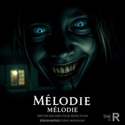 A horror movie poster titled 'Mélodie', featuring a large close-up angle of a dead young Malagasy girl's face, with a narcissistic smile that appears both eerie and unsettling