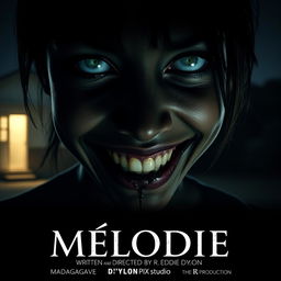 A horror movie poster titled 'Mélodie', featuring a large close-up angle of a dead young Malagasy girl's face, with a narcissistic smile that appears both eerie and unsettling