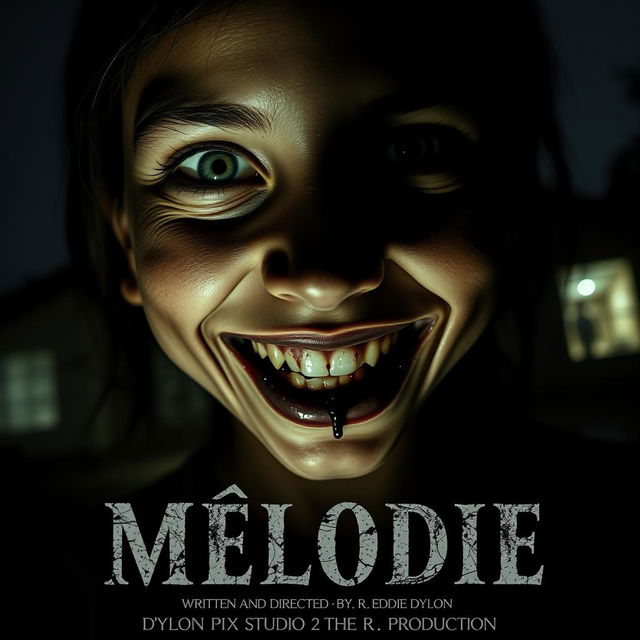 A horror movie poster titled 'Mélodie', featuring a large close-up angle of a dead young Malagasy girl's face, with a narcissistic smile that appears both eerie and unsettling