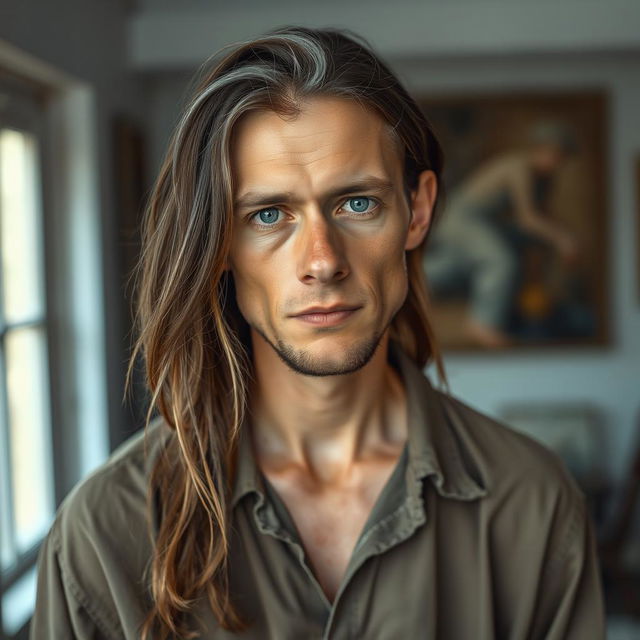 A portrait of a sad-looking white male painter with long-medium brown hair, featuring a distinctive gray strand