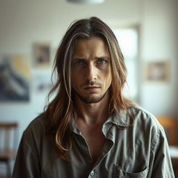 A portrait of a sad-looking white male painter with long-medium brown hair, featuring a distinctive gray strand