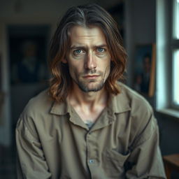 A portrait of a sad-looking white male painter with long-medium brown hair, featuring a distinctive gray strand
