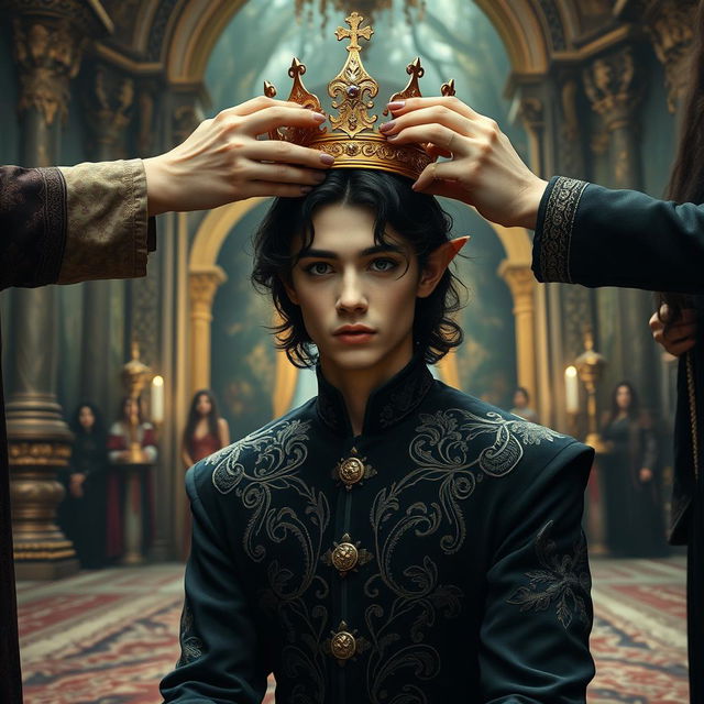 A young elf man in his early twenties is being crowned, with wavy black hair and sultry eyes accentuated with kohl eyeliner