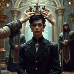 A young elf man in his early twenties is being crowned, with wavy black hair and sultry eyes accentuated with kohl eyeliner