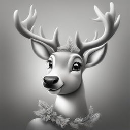 A charming black and white graphite pencil drawing in the style of Disney cartoons, featuring an adorable Christmas reindeer