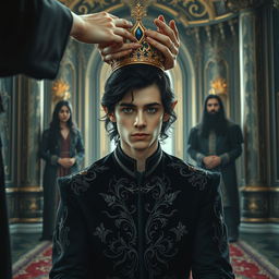 A young elf man in his early twenties is being crowned, with wavy black hair and sultry eyes accentuated with kohl eyeliner