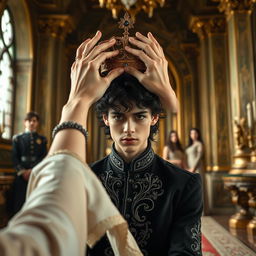 A young elf man in his early twenties is being crowned, with wavy black hair and sultry eyes accentuated with kohl eyeliner