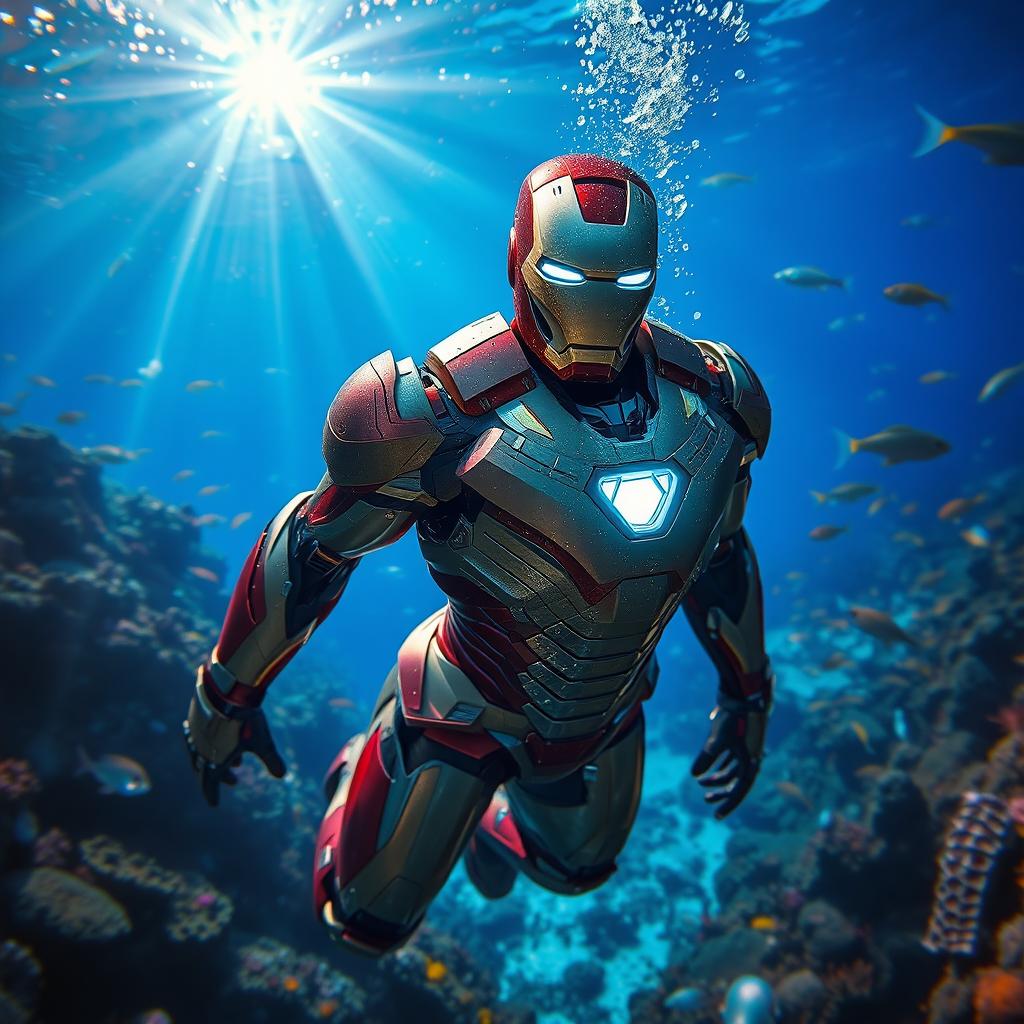 Iron Man, fully armored, submerged underwater amidst a vibrant coral reef teeming with colorful fish and marine life