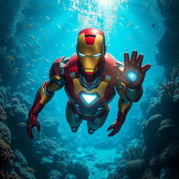 Iron Man, fully armored, submerged underwater amidst a vibrant coral reef teeming with colorful fish and marine life