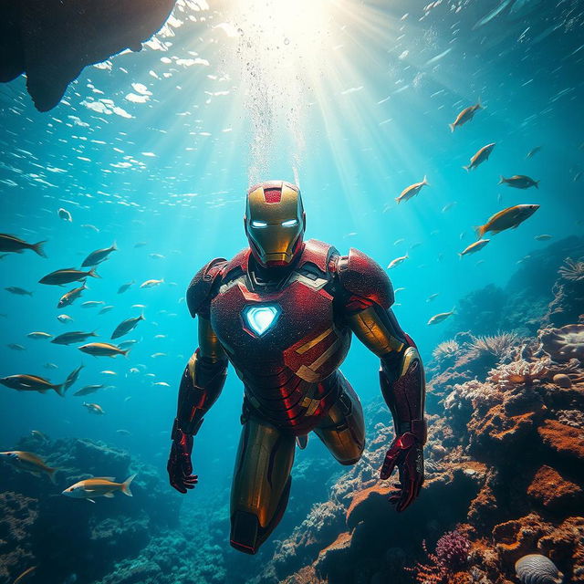 Iron Man, fully armored, submerged underwater amidst a vibrant coral reef teeming with colorful fish and marine life