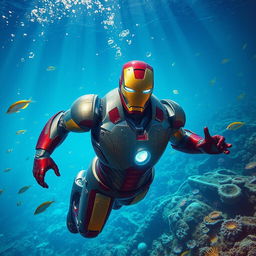 Iron Man, fully armored, submerged underwater amidst a vibrant coral reef teeming with colorful fish and marine life