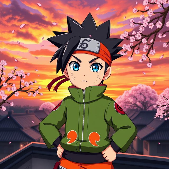 An original character inspired by the aesthetic of Naruto, featuring a young ninja with spiky black hair, wearing a green and orange ninja outfit adorned with symbols, and a red headband with a leaf insignia