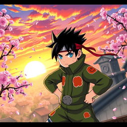 An original character inspired by the aesthetic of Naruto, featuring a young ninja with spiky black hair, wearing a green and orange ninja outfit adorned with symbols, and a red headband with a leaf insignia