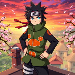 An original character inspired by the aesthetic of Naruto, featuring a young ninja with spiky black hair, wearing a green and orange ninja outfit adorned with symbols, and a red headband with a leaf insignia