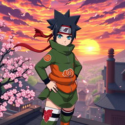 An original character inspired by the aesthetic of Naruto, featuring a young ninja with spiky black hair, wearing a green and orange ninja outfit adorned with symbols, and a red headband with a leaf insignia